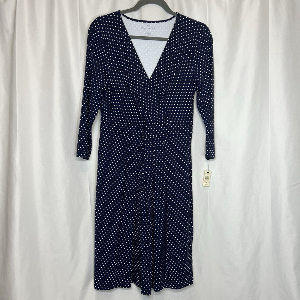 Talbots Women’s Polka Dot Stretch Knit Midi Dress V-Neck 10P Zipper Classic Navy